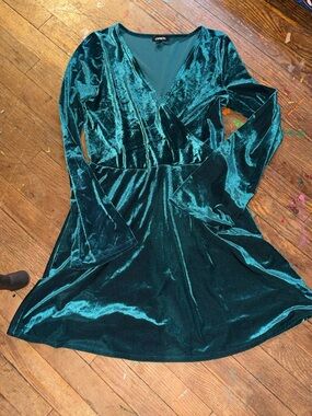 Express Teal Velvet Wrap Dress with Flared Sleeves